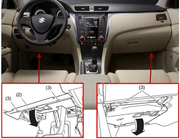 Расположение блоков предохранителей в салоне Suzuki Kizashi