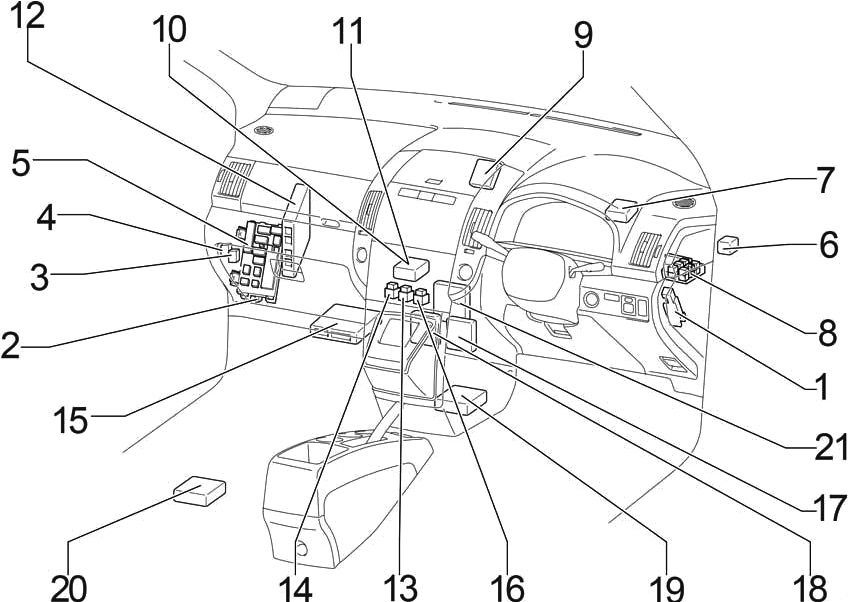 Расположение блоков предохранителей в салоне Toyota Corolla Verso