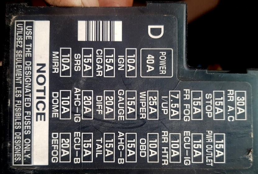 пример схемы предохранителей с крышки блока Toyota Land Cruiser 100