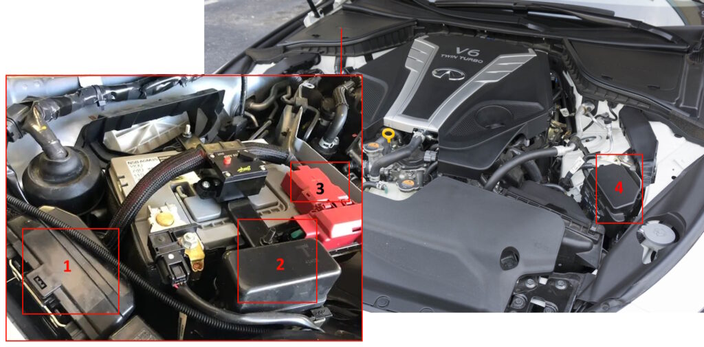 Расположение блоков предохранителей под капотом Infiniti Q50 Q60