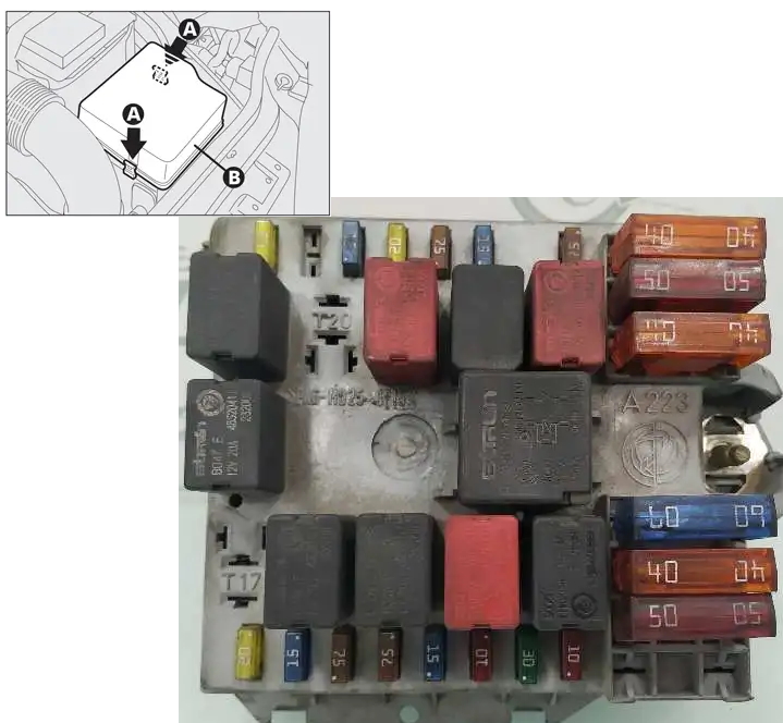 Расположение блока предохранителей под капотом Alfa Romeo 147